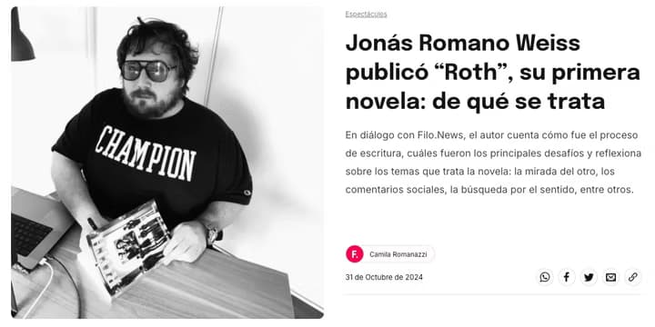 Cobertura de Filo.news: Jonás Romano Weiss publicó ROTH, su primera novela